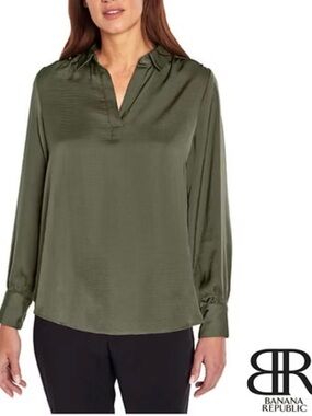 Banana Republic Satin Blouse Collared Top Pullover Top Olive Green Large